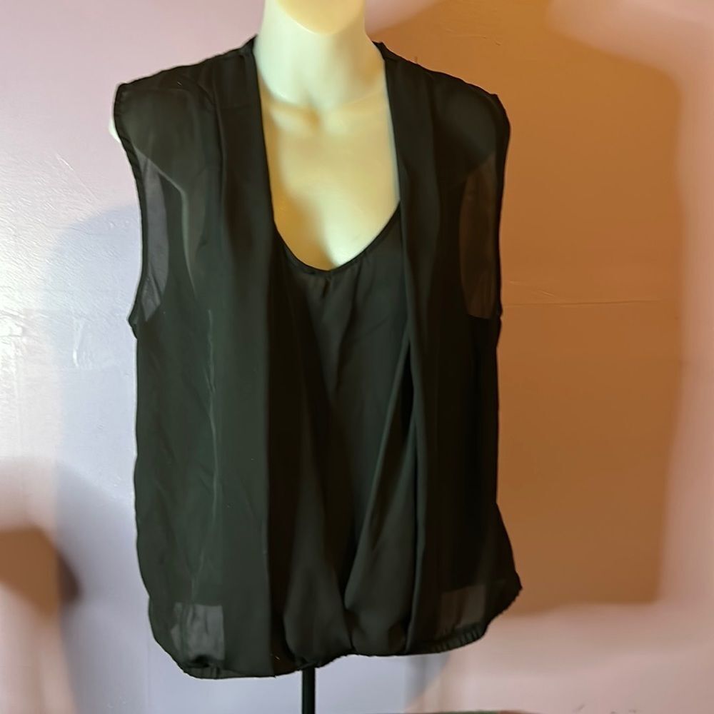Deletta Women's Large Black Sleeveless Sheer Blouse Draped Front Top